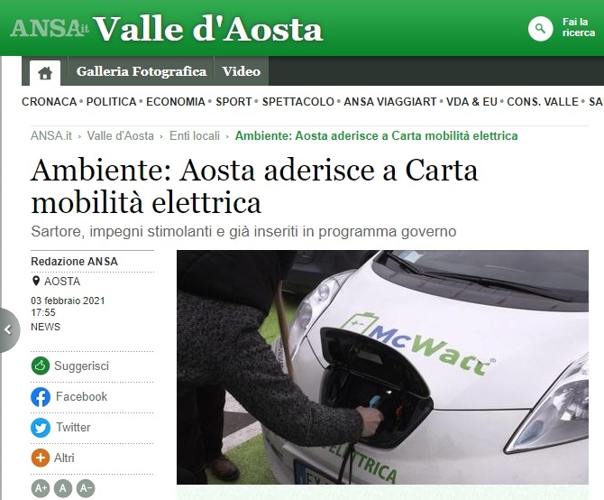 Rassegna stampa – Ansa – Ambiente: Aosta aderisce a Carta mobilità elettrica